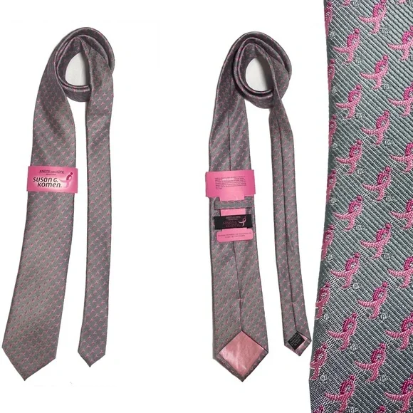SUSAN G. KOMEN For The Cure Neck Tie, 59”, Grey, Pink Ribbons GENUINE - Picture 1 of 5